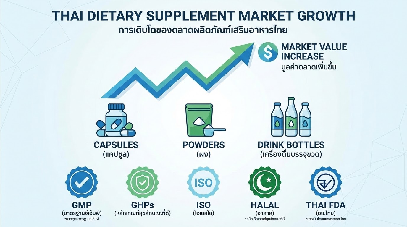 ภาพรวมตลาดอาหารเสริมไทย และทำไมต้องเลือกโรงงานรับผลิตที่ได้มาตรฐาน (อธิบาย GHPs/GMP/ISO/HALAL/อย. แบบเข้าใจง่าย)
