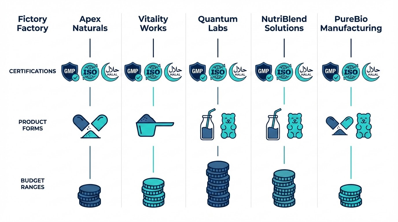 ตารางเปรียบเทียบและตัวอย่างโรงงานรับผลิตอาหารเสริมชั้นนำในไทย (มาตรฐาน, ประเภทสินค้าที่ถนัด, งบประมาณเริ่มต้น/MOQ โดยประมาณ)
